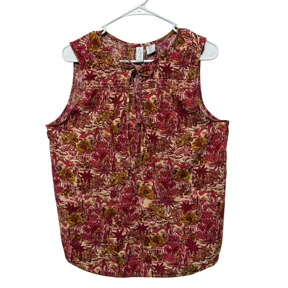 Joie Red Linen Blend Sleeveless Blouse Tie Neck Pleated Print Size L